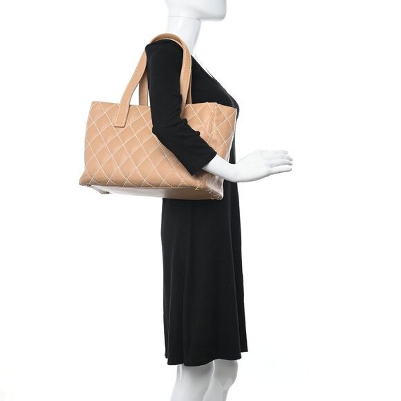 CHANEL CC Wild Stitch Vintage Quilted Shoulder Bag Tote Lambskin Light Beige - Picture 2 of 16